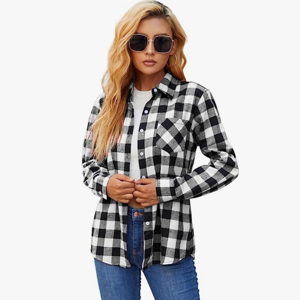 Women's Long Sleeve Flannel Plaid Button Down Shirt